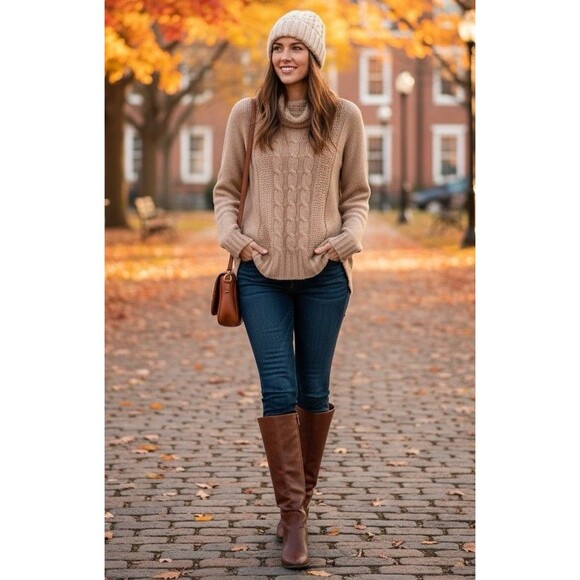 Women’s Beige Cable Knit Cowl Neck Chunky Sweater Minimalist Comfy Winter Sz XL - Picture 2 of 9